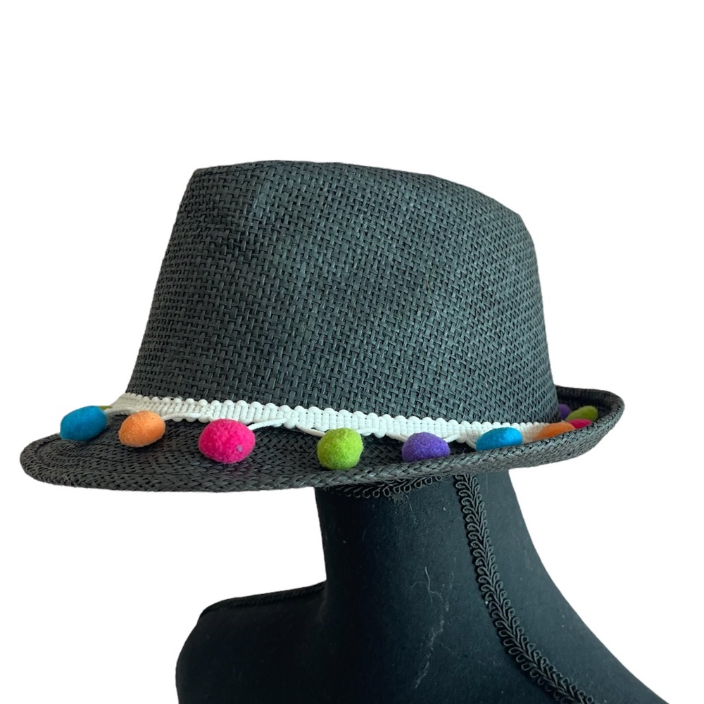 Lucky Brand Gray Straw Fedora with Multicolor Pom Trim